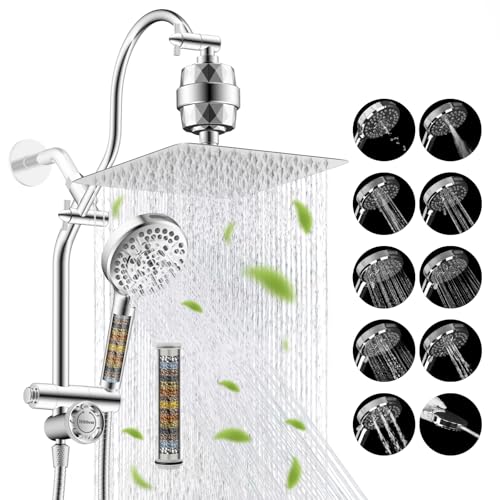 Image of Hibbent 10 inch Dual Filtered 10 inch Rainfall Shower Head with Handheld 10-Spray | High Pressure Metal Chrome Showerhead Combo with Filter, 4-way Diverter with Pause Mode, Extension Arm, 71'' Hose & Holder