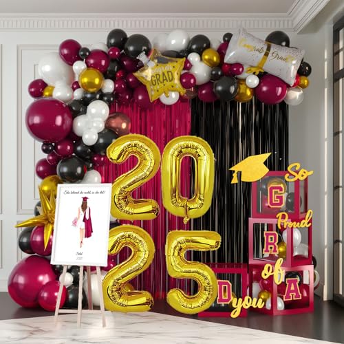 Graduation Decorations Class of 2025 - Maroon and Gold Graduation Decorations Set of 4 GRAD Balloon Boxes with Fringe Curtains So Proud of You Congrats Grad Party for Any Grades