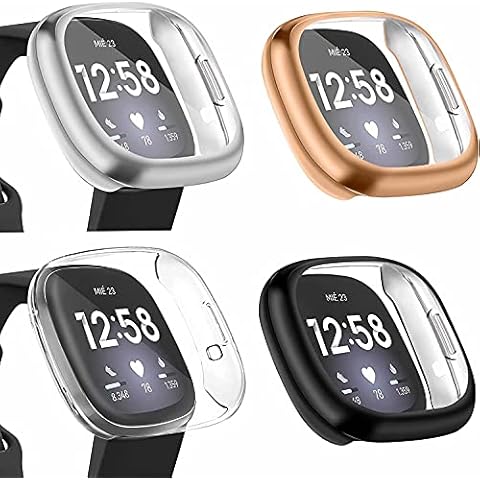 [4 Pack] Oumida Screen Protector Compatible with Fitbit Versa Sense/Fitbit Versa 3 Screen Protector Case, TPU Protective Shockproof Cover Bumper for Versa 3/Versa Sense (Black/Gray/Rose Gold/Clear) Cover
