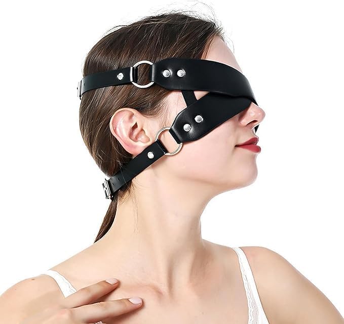Leather Blindfold Eye Mask, Black, Adjustable Cross-Strap with Metal Studs and O-Rings, Fetish Bondage Mask for Men and Women