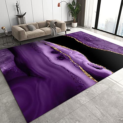 Purple Relief Marble Area Rugs, Gold Plated Yellow Lines Living Room Carpet, Non-Slip Mat Lightweight and Low Profile Light Texture Apply to Dorm Room Kids Room Hallways,2×3ft/60 * 90cm
