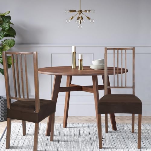 Image of SearchI Stretch Dining Chair Seat Covers Set of 4, Soft Removable Washable Seat Covers for Dining Chairs, Dining Room Seat Cover Protector (Rear-Covered, Velvet Brown)