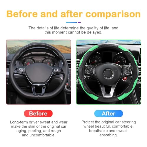 Image of Osilly Car Steering Wheel Cover, 15 inch Carbon Fiber Microfiber PU Leather Elastic Steering Wheel Protector for Men Women, Anti-Slip Breathable Car Interior Accessories for Most Cars (Green)