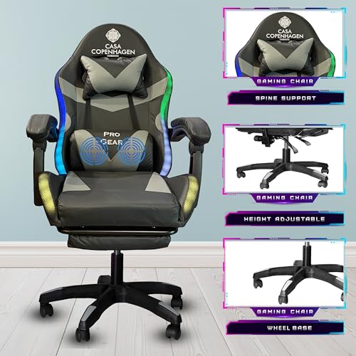 Image of Casa Copenhagen Designed in Denmark,High-Back Italian Leather Gaming Ergonomic Chair with Advanced Mechanism with LED Light & Electric Back Massager, Memory Foam Seating - Grey & Black
