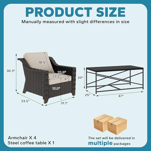 Image of 5 Piece Patio Furniture Set, Wicker Outdoor Conversation Set | Patio Chair Set with Olefin Removable Cushion, All-Weather Armchair Set with Deep Seat for Porch, Deck and Backyard, Beige