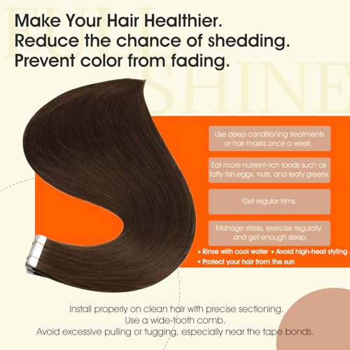 Image of Full Shine Tape In Hair Extensions Human Hair,4A Dark Chestnut Brown,16Inch 50G 20Pcs,Natural Looking Seamless Hair Extensions Tape in,Invisible Blend for Fuller Hair,Thick End Long Lasting Appeal