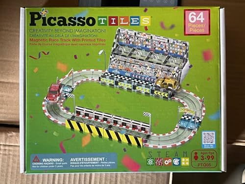 PicassoTiles Magnet Tile Race Car Track Construction Toy Blocks with 2 Trucks Accessory Street Sign Add-on Kit Magnetic Building Tiles Stadium Seat Playset STEAM Fine Motor Learning Kids Age 3+ PTQ05 - Image 2