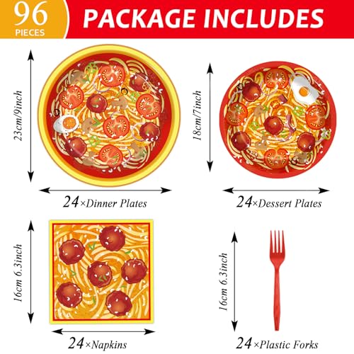 Image of gisgfim 96 Pcs Spaghetti Plates and Napkins Pasta Party Supplies Tomato Meatball Birthday Party Paper Tableware Set Pasta Theme Decorations Favors for Family Gathering Dining for 24 Guests