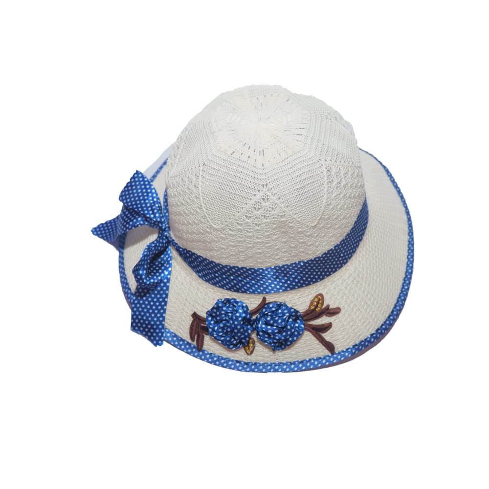 MAGIC Little Girl Kids Summer Straw Hat Wide Brim Flower Beach Sun Visor Hat (3-8 Years)-(Cream)