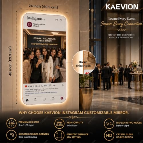 Image of Instagram Theme LED Selfie Mirror (2x4ft - Rose Gold Frame, 5MM HD Glass with 3-in-1 Backlit LED Lights - Customizable Full-Length Wall Mounted Smart Vanity Mirror