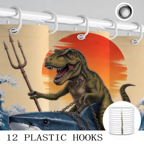 Image of Boziqr Funny Dinosaur Shower Curtain, Cool Dinosaur Shark Ocean Wave Decor Fabric Bathroom Curtains, Fun Animals Fabric Bath Curtain with 12 Hooks 60 X 70 Inch