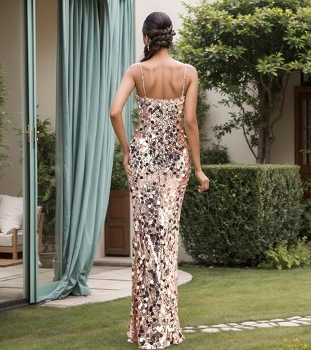 Image of Jigfar Women's Sexy Elegant Sparkly Sequins Spaghetti Straps V Neck Bodycon Maxi Dress(FK3393,Gold,3XL)
