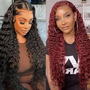 Natural Color 13x6 Deep Wave Lace Front Wigs 24 Inch+Reddish Brown 13x4 Deep Wave Lace Front Wigs 34 Inch