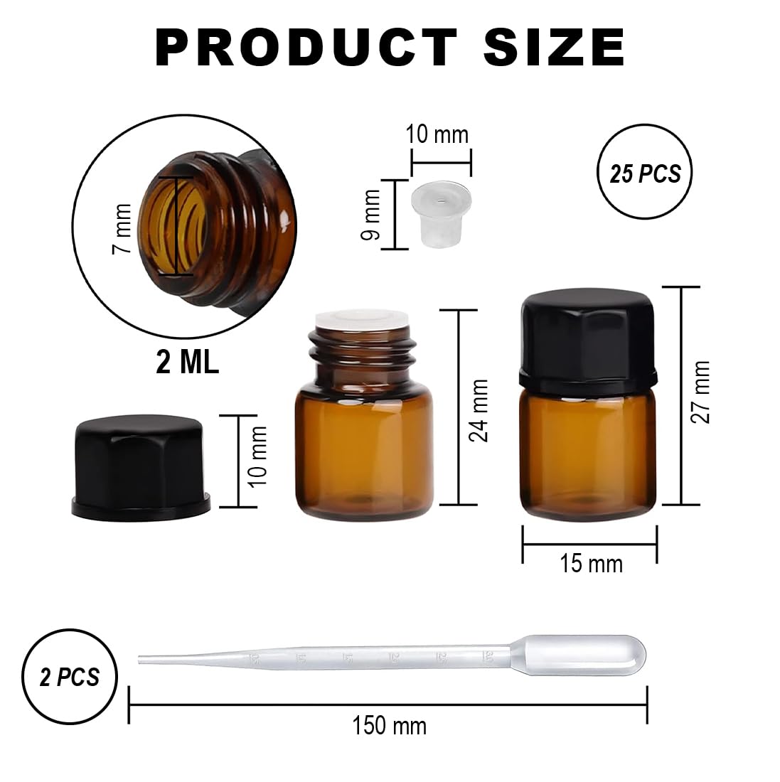 25 piezas botellas de vidrio vacías marrones de 2 ml para aceites esenciales cuentagotas, mini botella de vidrio de relleno, botella de aromaterapia vacía, accesorios de aceites