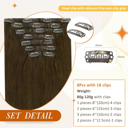 Image of Full Shine Clip in Hair Extensions Remy Human Hair, Medium Brown 22 Inch | Invisible PU Weft, Silky Straight, Brunette Seamless Clip Ins, Add Volume, Lightweight, Heat Styling Friendly, 8 Pcs 120g