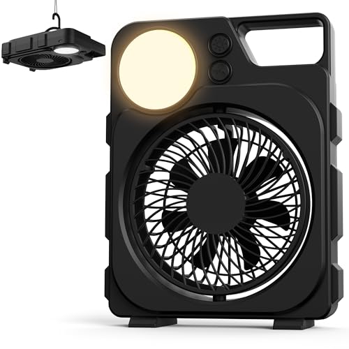 12000mAh Rechargeable Portable Fan Up to 45H Runtime Battery Powered Fan with LED Light & Hook 3 Speeds & 3CCT Camping Fan for Travel Camping Tent Office Bedroom