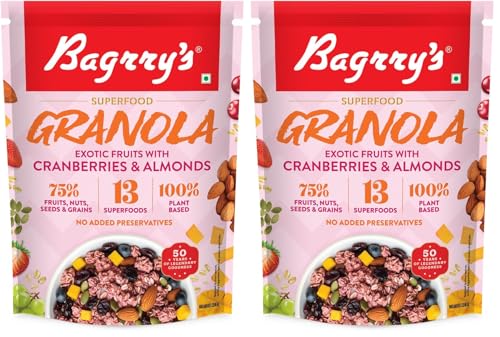 Image of Bagrry's Superfood Granola Exotic Fruits with Cranberries & Almonds 400g - 75% Fruits, Nuts, Seeds & Grains | 13 Nutrient-Packed Superfoods | 100% Plant-Based | High in Fibre & Protein | Healthy Breakfast Cereal | Multigrain Cereal | 100% Baked Granola | No Palm Oil