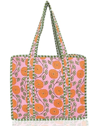 Third Eye Cotton Quilted Tote Bag 18x16, Orange Floral Print