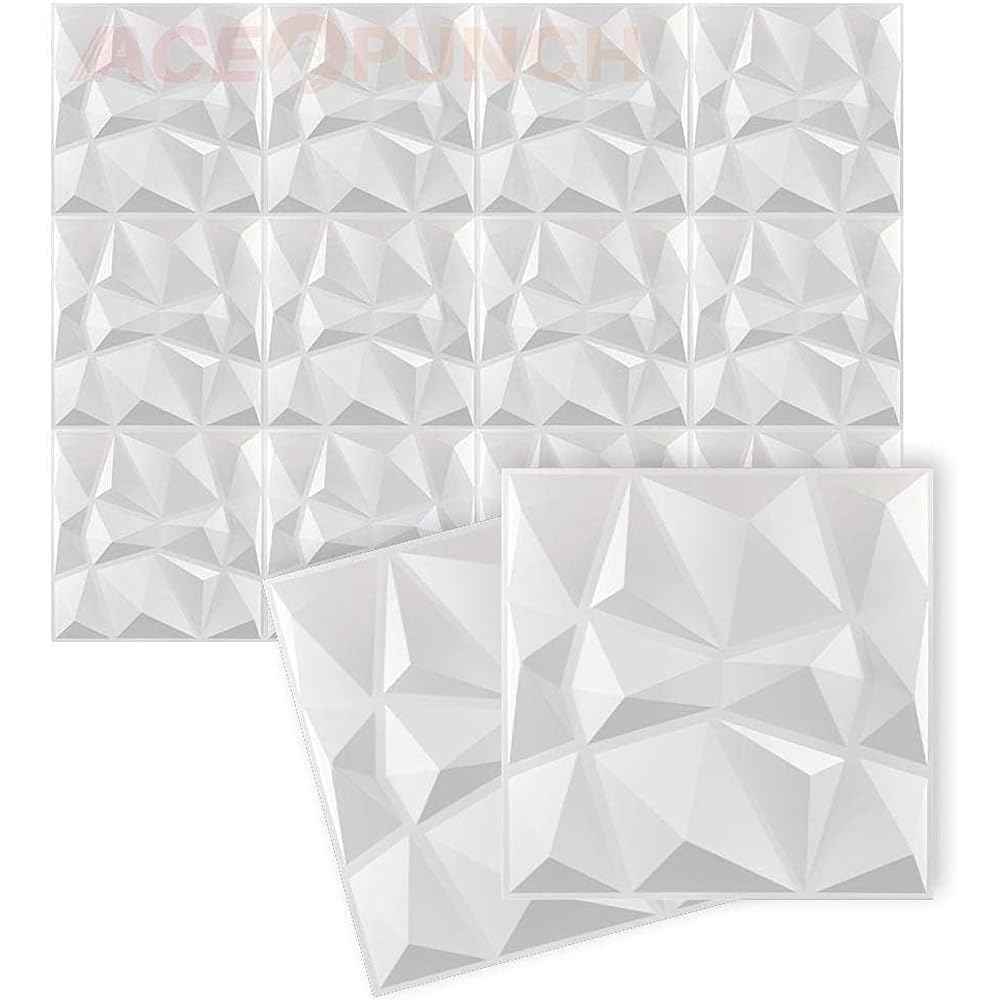 Acepunch New Pack of 12 White Textured PVC 3D Wall Panels, Waterproof 3D Wall Panels with Diamond Design for Home Office, Studio, AP1216, White, 30cm x 30cm