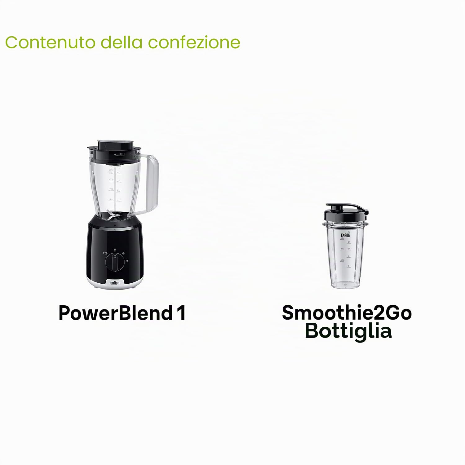 Braun PowerBlend 1 JB1051BK, Frullatore da Tavolo con Bicchiere Smoothie2Go, Frullatore con caraffa di Vetro Triangolare, 2 Velocità, Funzione Tritaghiaccio, 600W, Nero