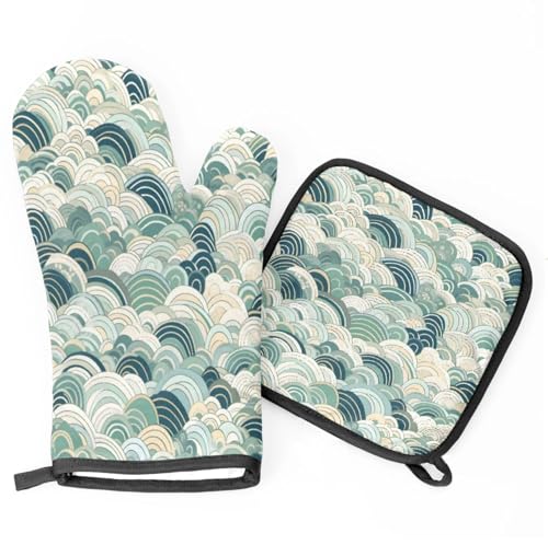 Abstract Ocean Ripple Oven Mitts Kitchen Oven Gloves for Cooking Baking Heat Proof Lining Cotton Kitchen Potholder Mittens Pot Holders Hot Pads for Chef Women Men
