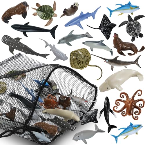 20 Pack Realistic Sea Creature Toys Animals with Mesh Bag Assorted Sea Animal Toys Including Shark, Dolphin, Whale for Ocean Party Decor Party Favors for Daughter Son