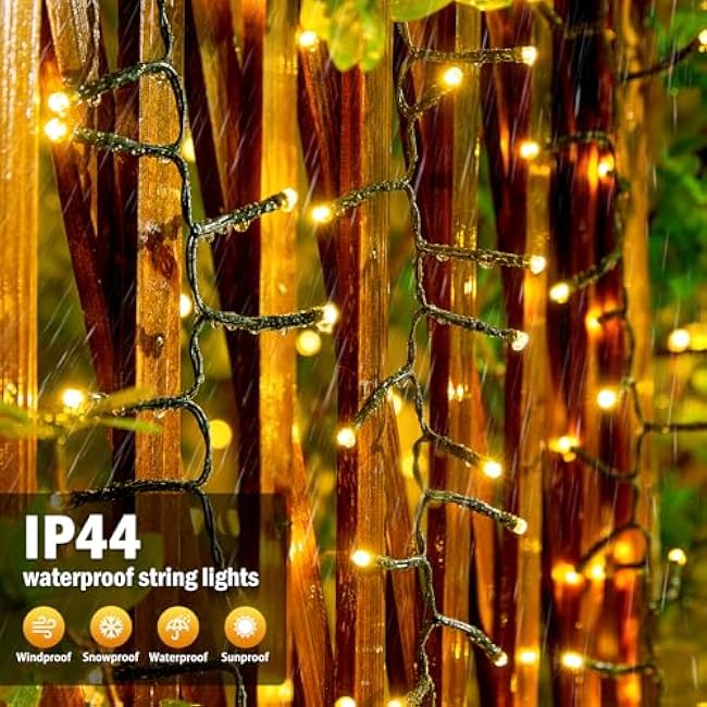 Brightown Solar String Lights Outdoor Waterproof, 9.8Ft 120 LED Garden Decor with 8 Modes, Solar Cluster Twinkle Lights for Yard, Fence, Balcony, Party, Outdoor Decor (Warm White)