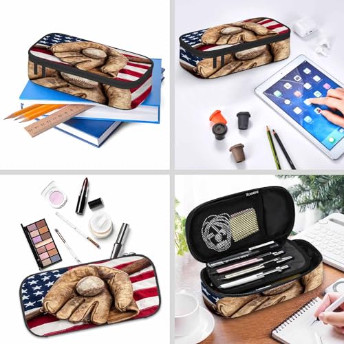 Image of Vintage Baseball Pencil Holder Bag American Flag Bat Glove Cowboy Pencil Case College Office Organizer School Supply for Boy Girl Teens Adults