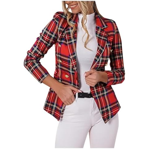 Women's Blazer Plaid Blazers for Women Work Office Casual Long Sleeve Lapel Button Fashion Jacket Suit Business(Large,Red) Cover