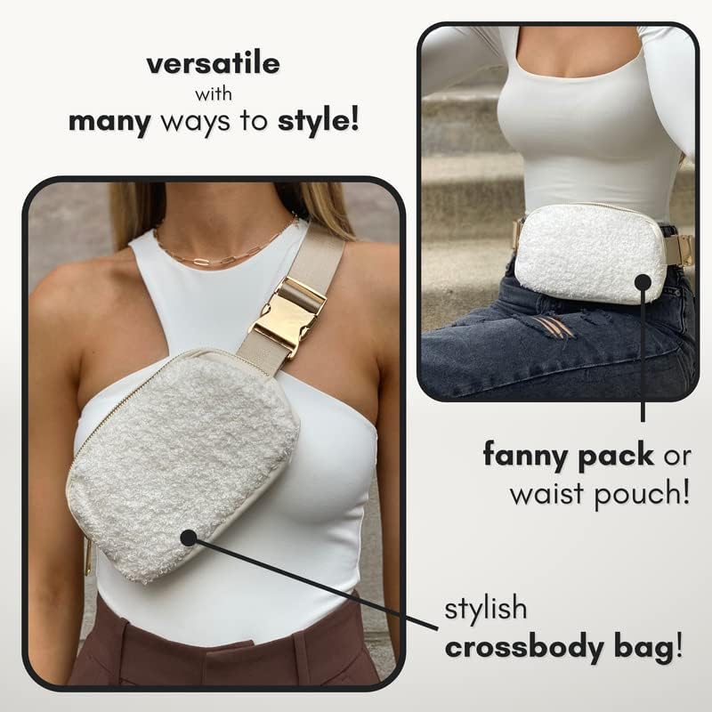 Boutique Fleece Belt Bag | Sherpa Crossbody Fanny Pack for Women | Everywhere Waist Pack | Small Fashion Travel Chest Bag (Cream Fleece, Small Strap Length) - Image 5