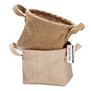 Sea Team Storage Baskets Organizer Box Bins in Jute and Cotton Linen Foldable with Handle Decorative for Home Toiletry Stationery Sundries Toys Jewerly Color Beige 14 * 17 * 16CM 2PCS