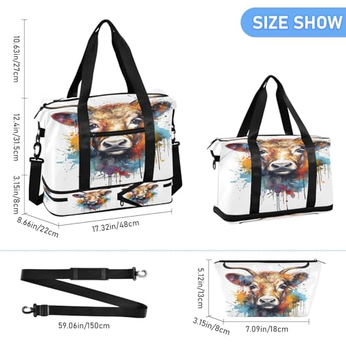 ALAZA Scotland Cattle Highland Cow Watercolor Travel Duffel Bag for Women Men Sports Gym Bag with Shoe Compartment Tote Weekender Overnight Bag with Wet Pocket for Travel, Gym,Yoga,Swimming3