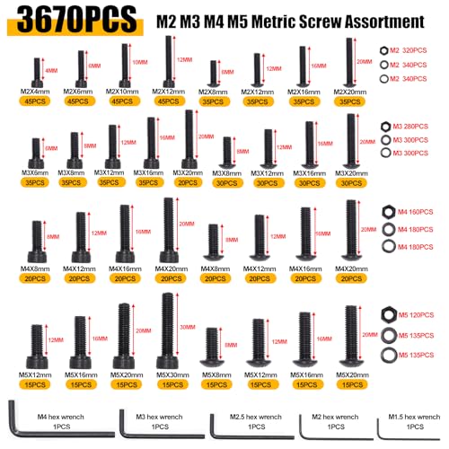 Image of weideer 3670pcs M2 M3 M4 M5 Metric Screw Assortment Kit,Metric Bolt Assortment,12.9 Alloy Steel Hex Socket Head 10.9 Alloy Steel Hex Button Head Machine Screws Nuts Washers with Wrench