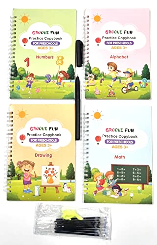Crowd Clicks™ Magic Groove Fun Book (4 BOOK + 10 REFILL+ 1 pen + 1 Grip) Calligraphy | Writing | Drawing | Maths | Reusable Writing Board Book