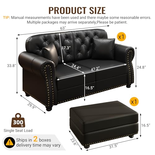 Image of KEIKI 63 inch Faux Leather Chesterfield Sofa with Rolled Arms & Nailhead Trim & 1 Ottoman, 2-Seater Button Tufted Couch with High Resilience Cushion & 2 Pillow, Easy Assembly, for Living Room, Black