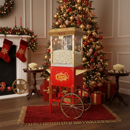 Image of Large Popcorn Machine with Cart: Vintage Commercial Popcorn Maker Movie Theater Style Makes Up to 64 Cups for Home Party Office, 16 Oz Popcorn Machine with Cart, Red