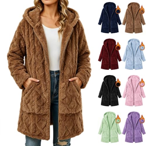 Womens Hooded Teddy Fleece Coat Textured Zip Up Long Jacket Casual Outfits - image 1
