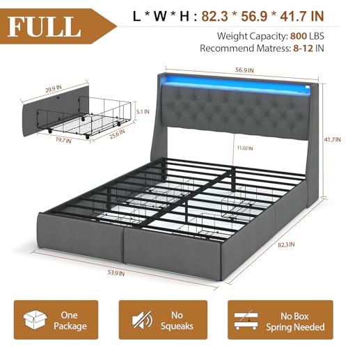 Image of Upholstered Full Size Bed Frame with 4 Storage Drawers and LED Lights