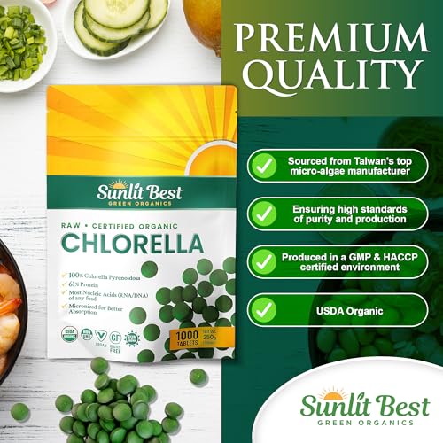 sunlit best usda organic premium chlorella tablets 1000 count  100 pure chlorella superfood supplement high in protein chlorophyll vitamins amp minerals  supports good health wellbeing