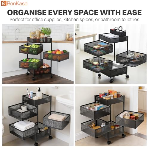 Image of BonKaso 5-Layer Square Multipurpose Kitchen Trolley with Swivel Storage Basket & 360 Rotating Wheels, Black Steel Frame, Easy Mobility, Space-Saving and Durable