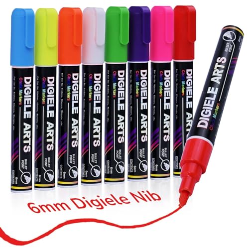 Feutres pour Fenêtre, Verre et Miroir, DIGIELE 8 Couleur Marqueurs Craie, Stylo Craie 6mm Pointe Réversible Ogive Fine ou Biseau, Marqueur Effaçage avec Chiffon...