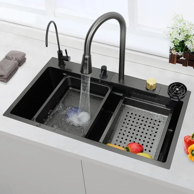 See full amazon price history chart for HISRE Waterfall Kitchen Sink, 304 Stainless Steel, 30x18x9 Inch, Matt Black, with Cup Washer, Drain Baskets HISRE Waterfall Kitchen Sink, 304 Stainless Steel, 30x18x9 Inch, Matt Black, with Cup Washer, Drain Baskets (B0D7PVMY86) Amazon Price History, Amazon Price Tracker
