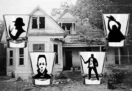 Merch Massacre 4 Slasher Shot Glasses Michael Myers Freddy Jason Leatherface Horror Halloween Bar Drinkware