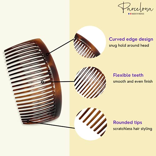 Parcelona French Glossy 23 Teeth Large 4 1/4" Celluloid Acetate Set Of 2 No Slip Grip Side Hair Combs For Women, Made In France (Tortoise Shell Brown) #TOP2