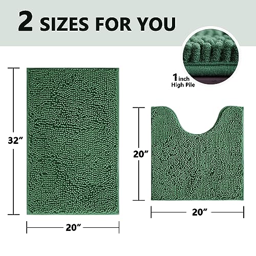 Image of BOANKODU Bathroom Set - 2 Piece Soft Chenille Bath Rugs, Non-Slip, 32x20 + 20x20 Inch U Shape, Machine Washable (Dark Green)
