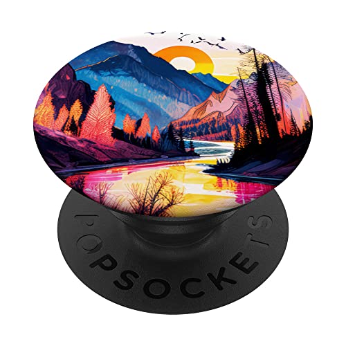 Painted Mountain River Sky Sunset Sunrise Dawn Dusk Pastel PopSockets Swappable PopGrip, Black