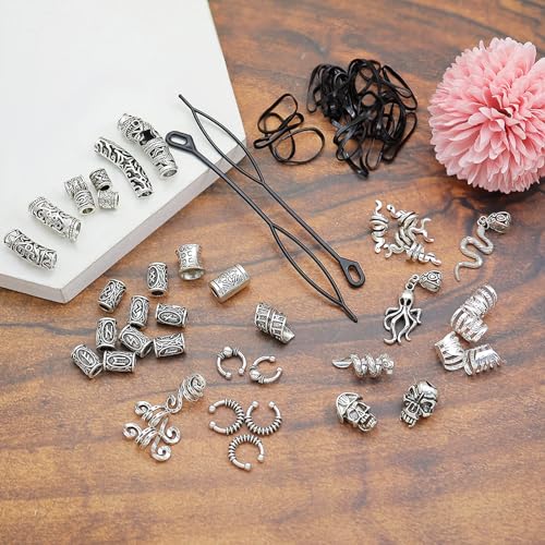 Fscwlmon 207Pcs Viking Hair Jewelry Nordic Runes Tube Beads,Accessories Kit For Braids Dreadlock Beard Locs,Metal Clips Cuff Rings,Braiding Beard Decoration Bracelets Pendant Necklace Diy Silver thumb #3