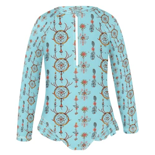 Antler-Shaped Dreamcatcher Girls Long Sleeve Swimsuits One Piece Zipper Bathing Suit UPF 50+ Rashguard Swimwear2
