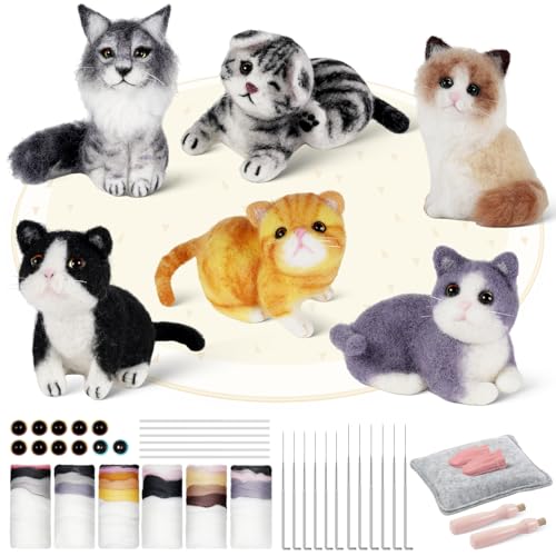 Image of MOREJMTT Needle Felting Kit, 6 PCS Animal Needle Felting Beginner Kits, Wool Felt Needle Felting Tools Foam Pad, Craft Party Supplies for Beginners Adult(Cat Family)