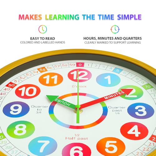 Image of Park Madison 12 Inch Kids Learning Clock - Silent, Non-Ticking, Teaches Analog Time - Ideal for Bedrooms, Classrooms, Gifting